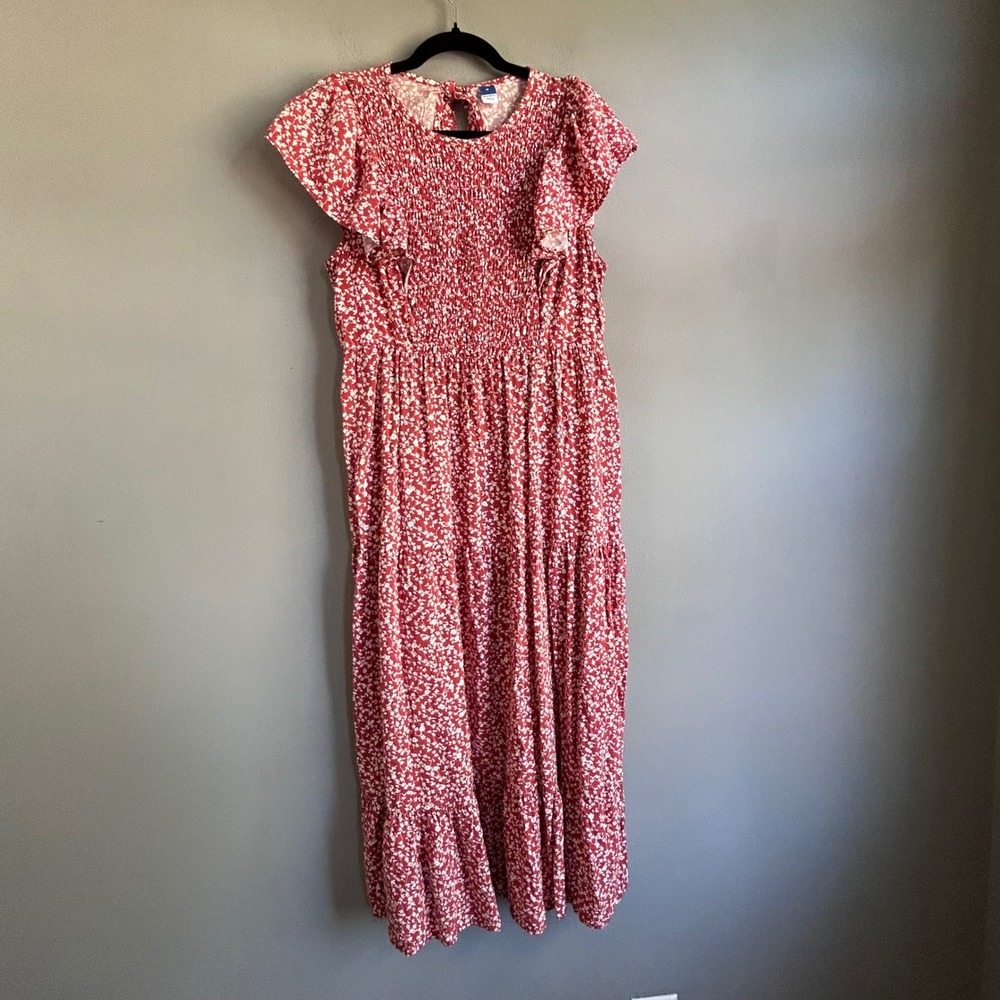 Old Navy Rust Floral Smocked Tiered Midi Maxi Dress Flutter Sleeve Medium